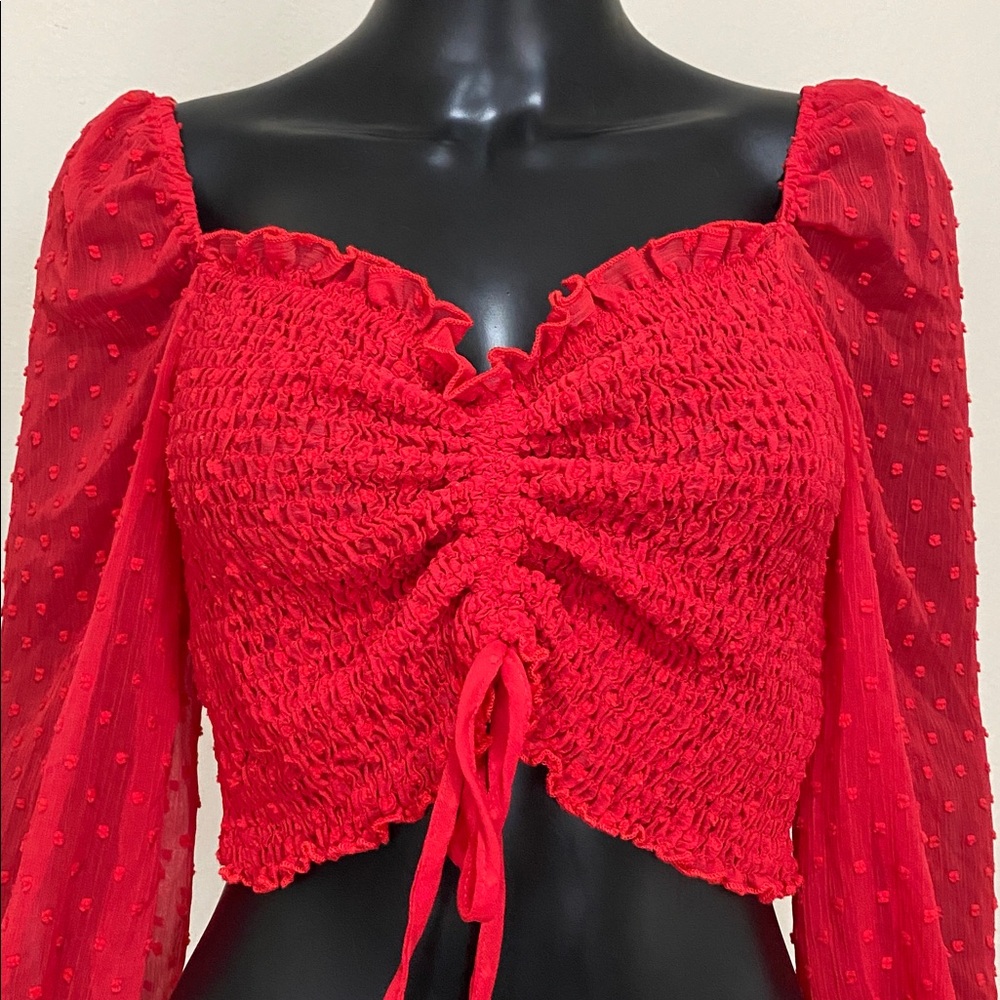 Romantic Red Ruched Sheer Sleeve Tie up Crop Top Blouse - Picture 4 of 12